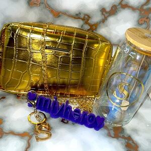 3pc Golden “S” bundle with glass tumbler, faux leather crossbody and keychain